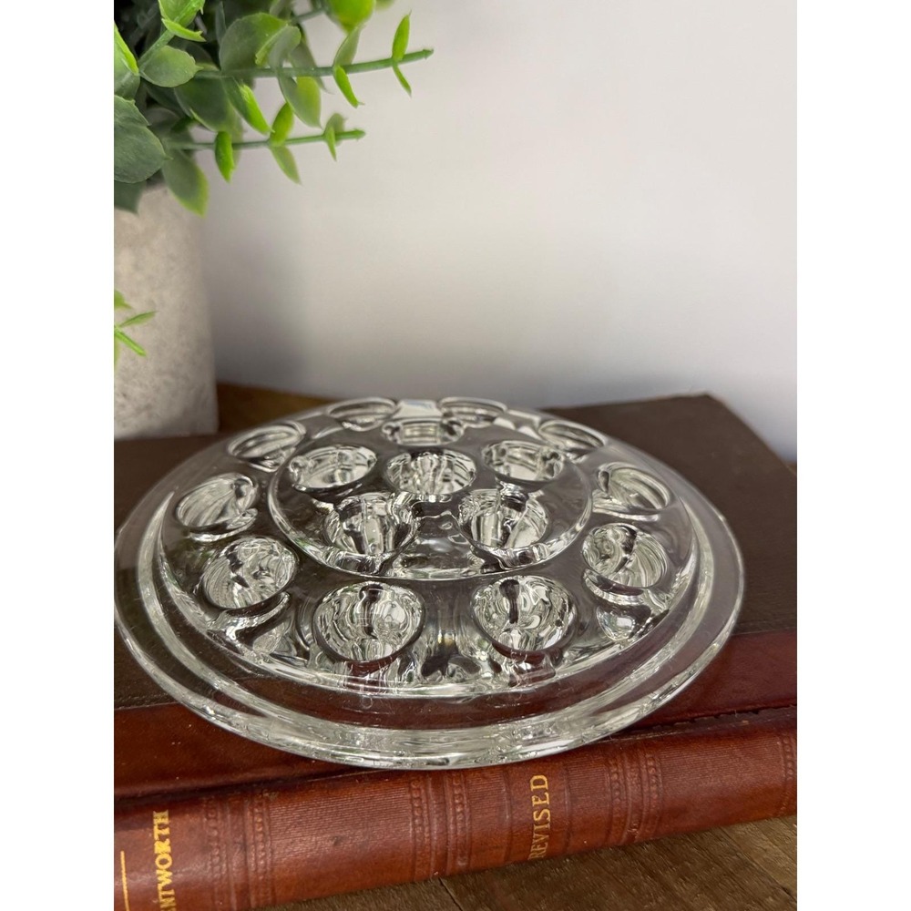 Vintage Clear Glass 16 Hole Flower Frog 5 Inch Round Floral Arranger